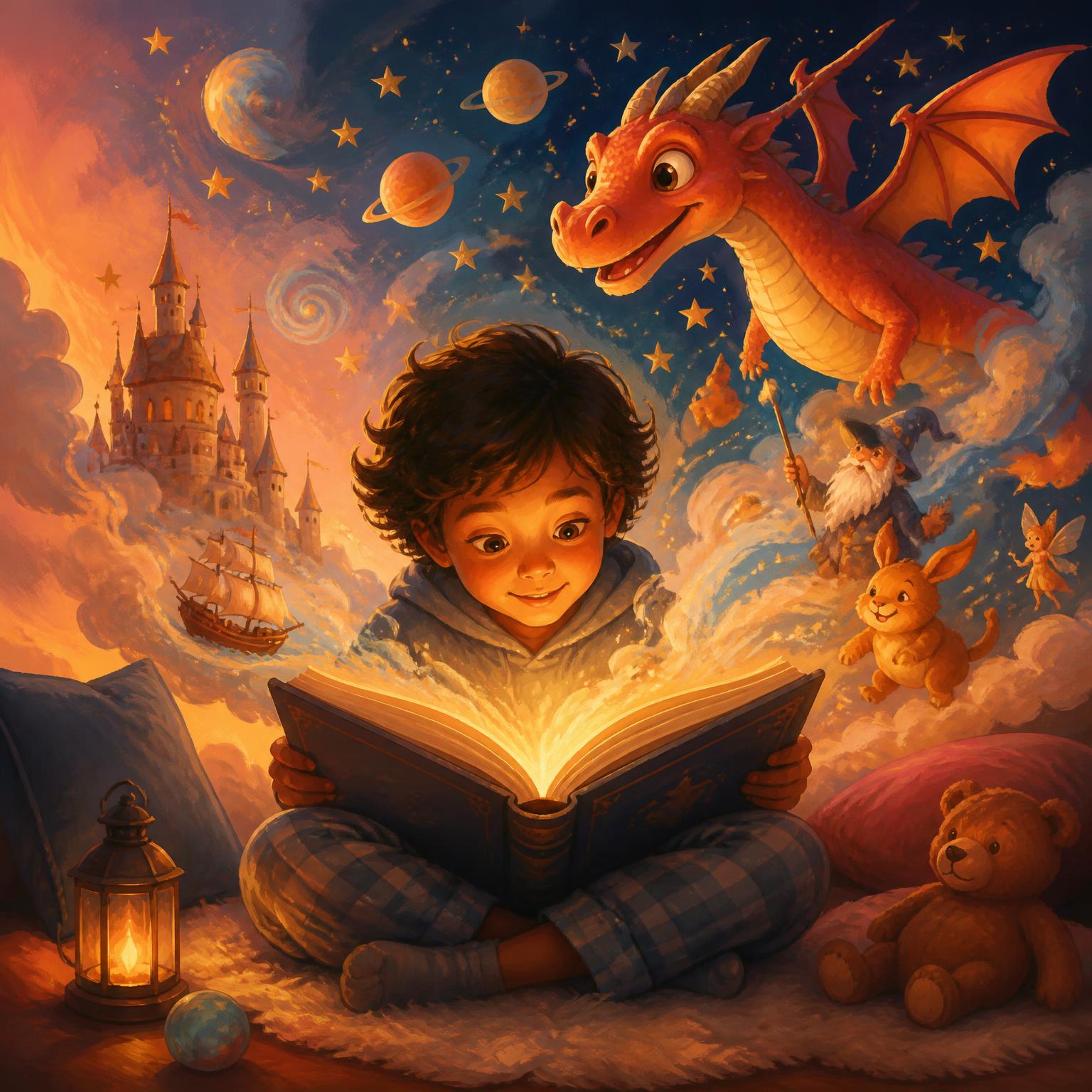 An illustrated child reading a magical storybook